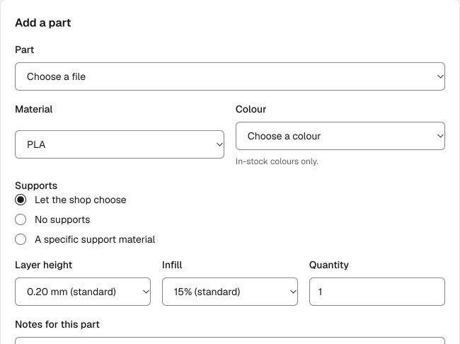 The quote request form: part, material, colour, supports, layer height, infill and quantity