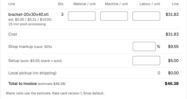 The shop's review of a request: material, machine and labour per part, markup, setup and the total